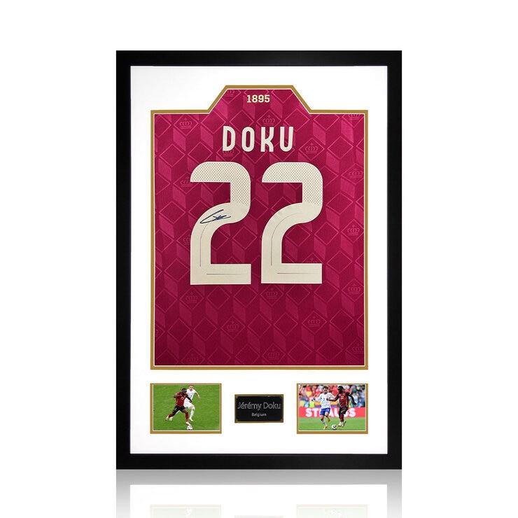 Jeremy Doku Signed Framed Belgium Football Shirt including 2 Photos Jeremy Doku Signed Framed Belgium Football Shirt including 2 Photos