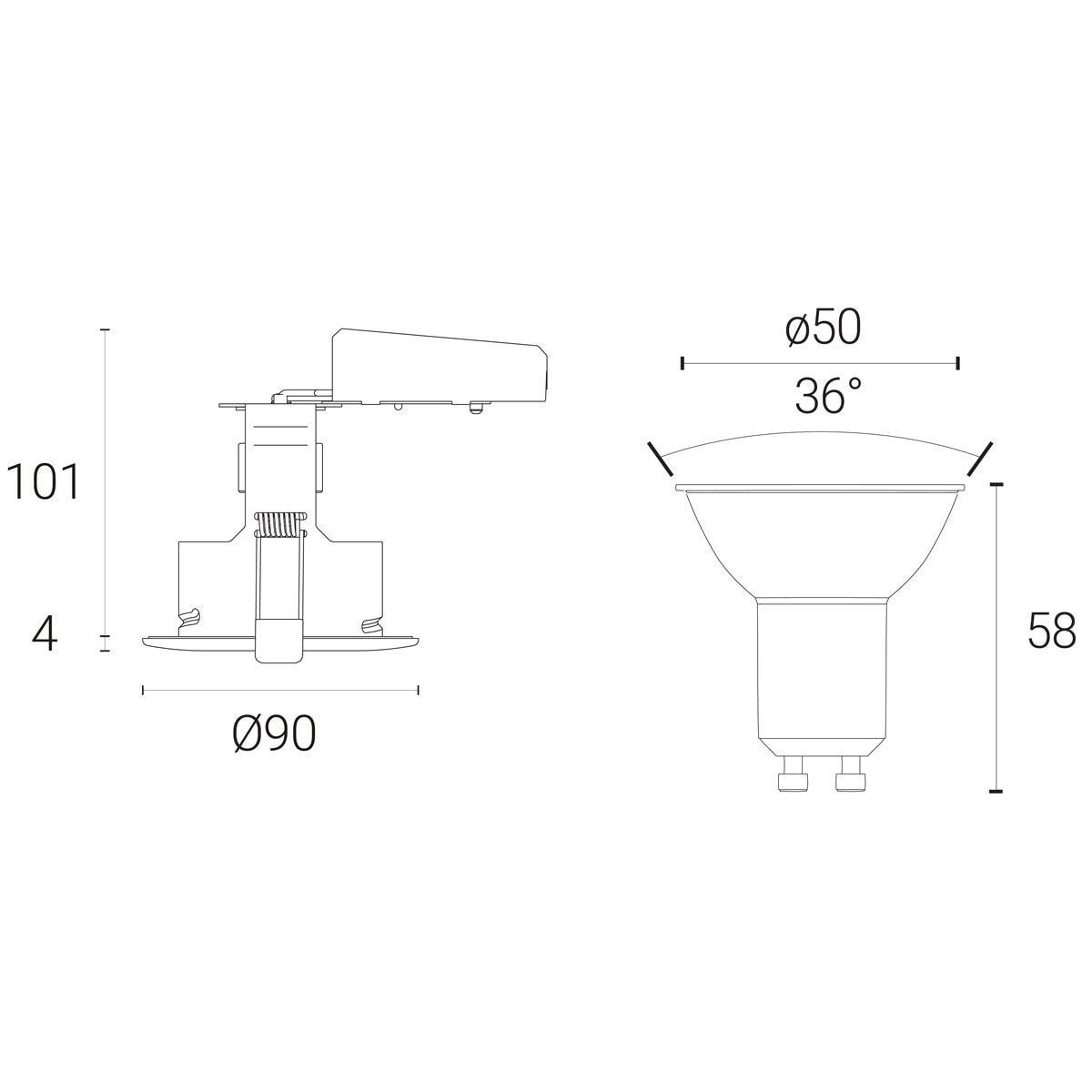 Line drawing of lights on white background with dimensions