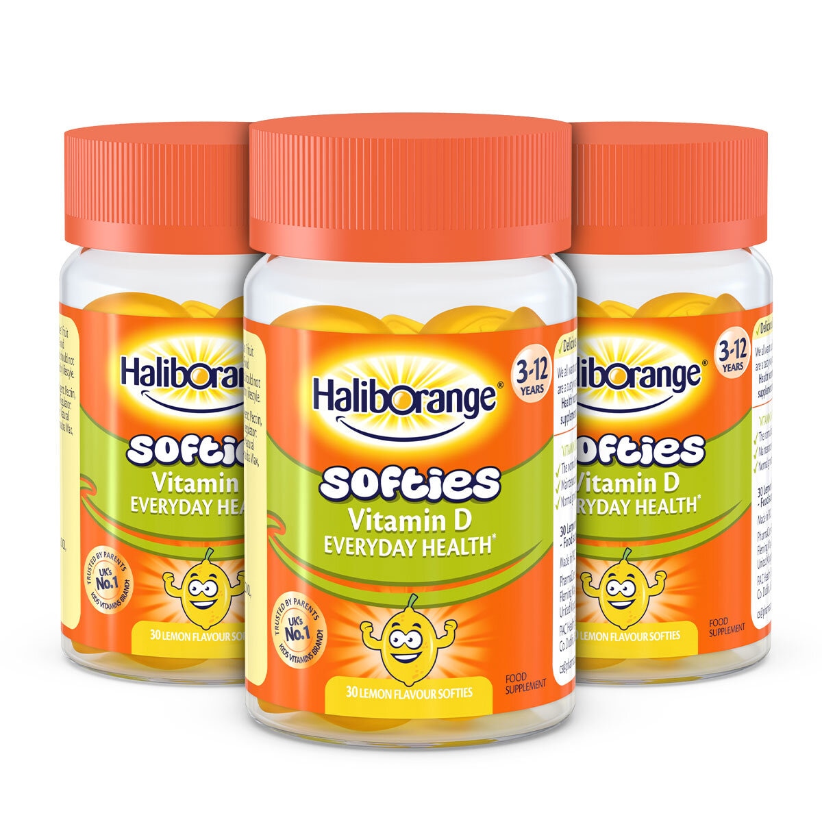 3 pots of haliborange gummies with orange label and lid