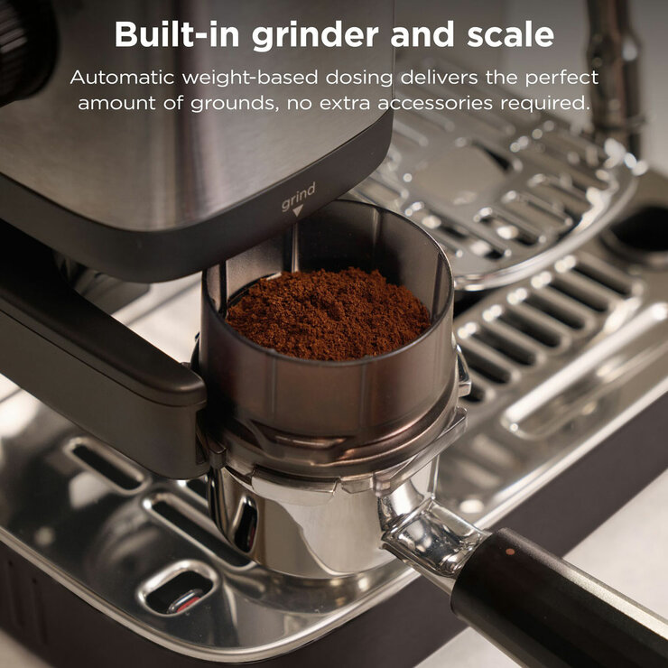 Lifestyle image showing built in grinder and scale Lifestyle image showing built in grinder and scale