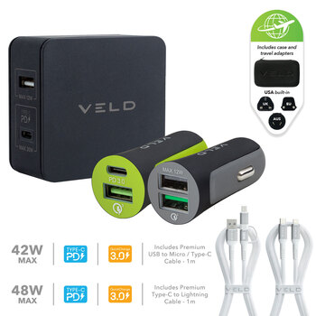 VELD Super-Fast Max 42W 2 Port Travel Charger, 2 port Car Charger with Lightening or USB to Micro/Type-C Cable 