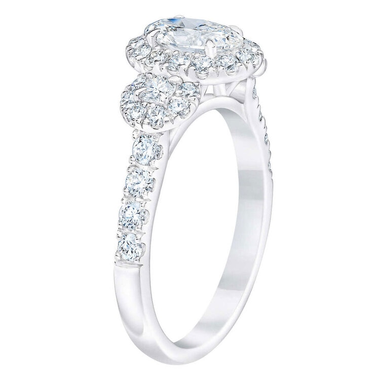 1.52ctw Oval & Round Brilliant Cut Diamond Three Stone Halo Ring, 14ct White Gold 1.52ctw Oval & Round Brilliant Cut Diamond Three Stone Halo Ring, 14ct White Gold