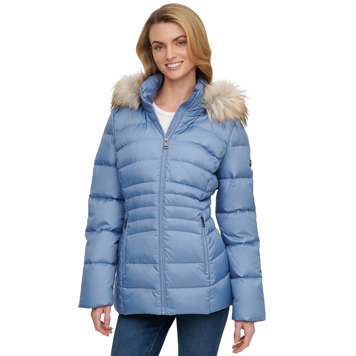 Andrew Marc Women's Short Down Jacket with Faux Fur Trim Hood in Dusk Blue, Medium