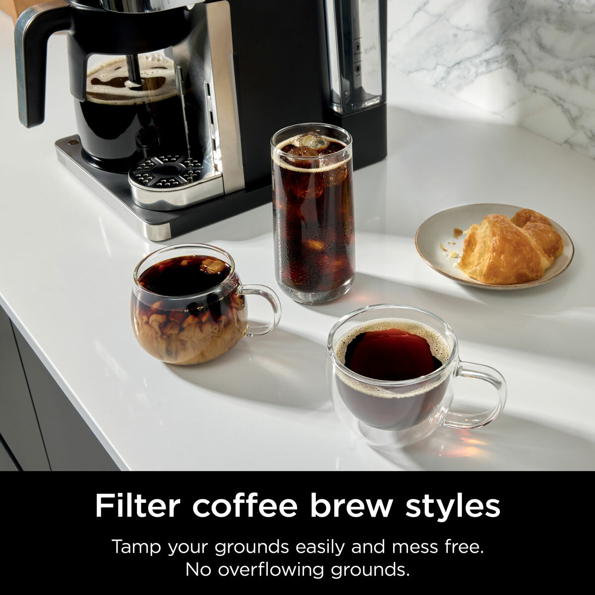 Lifestyle image of different filter coffee brew styles made from Ninja Prestige Dualbrew System Lifestyle image of different filter coffee brew styles made from Ninja Prestige Dualbrew System