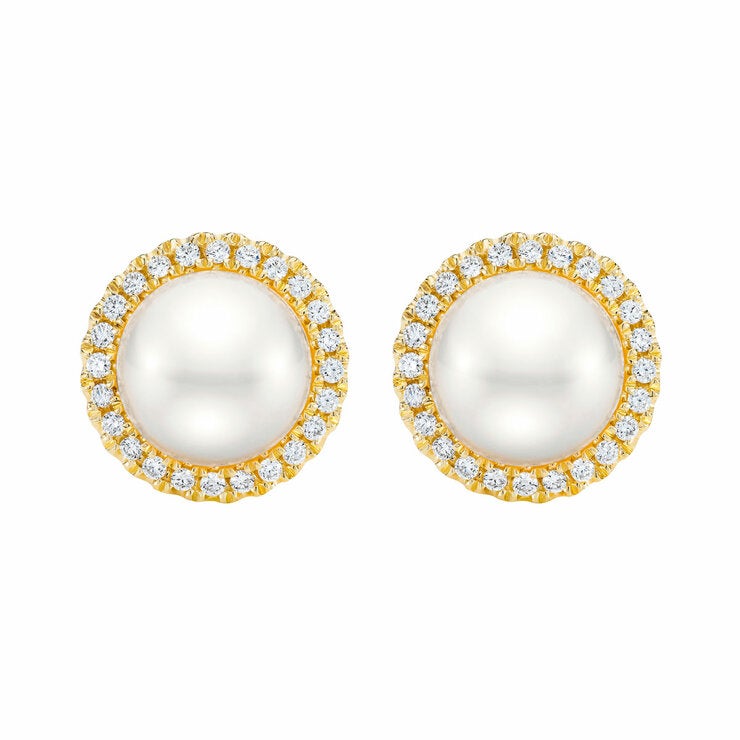 8-9mm Cultured Freshwater White Button Pearl & 0.25ctw Diamond Halo Earrings, 14ct Yellow Gold
