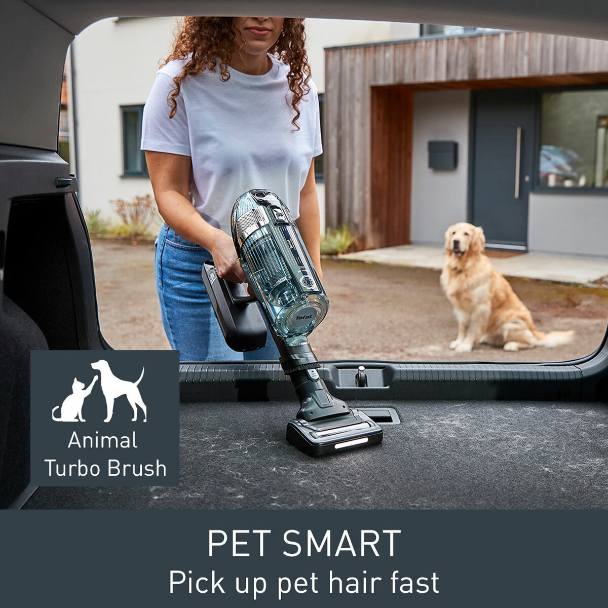Lifestyle image of Tefal X-Force FlexCordless Stick Vacuum Cleaner perfect for cleaning up pet hair