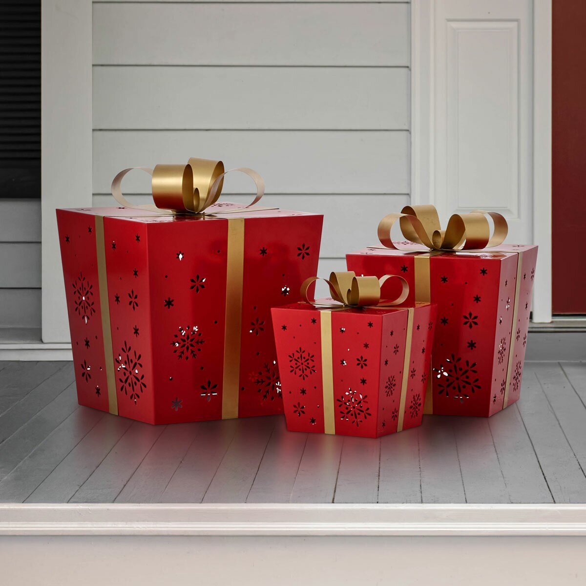 Red Metal Gift Boxes with LED Snowflake Pattern – Set of 3