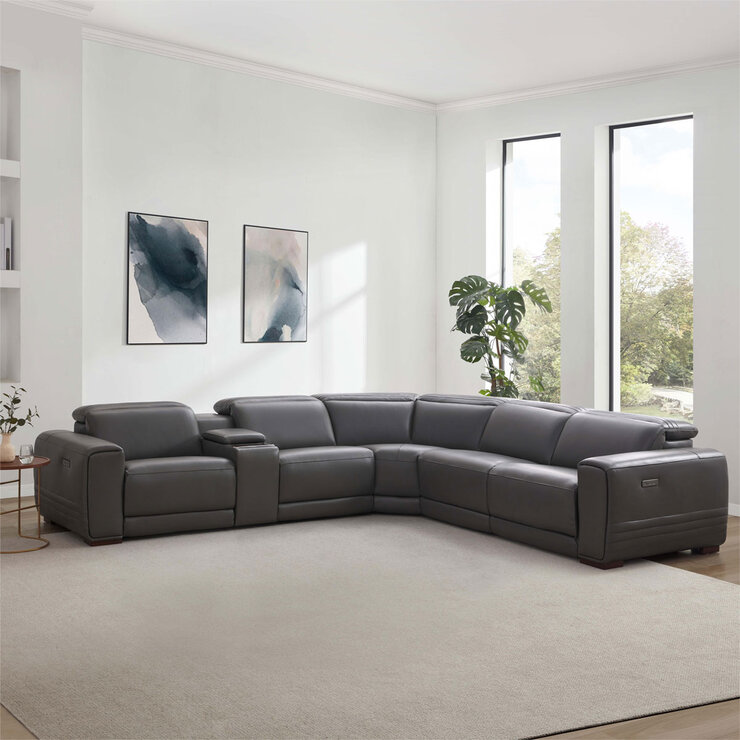 Aiden & Ivy Karson Dark Grey Leather Power Reclining Sectional Sofa