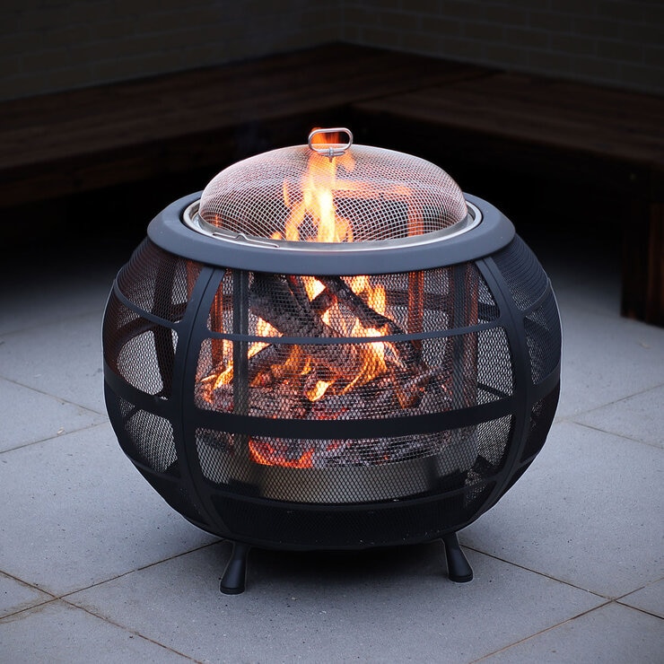 Modern sphere design creates a beautiful fire feature with the warmth, smells and sound that only a real wood fire can provide