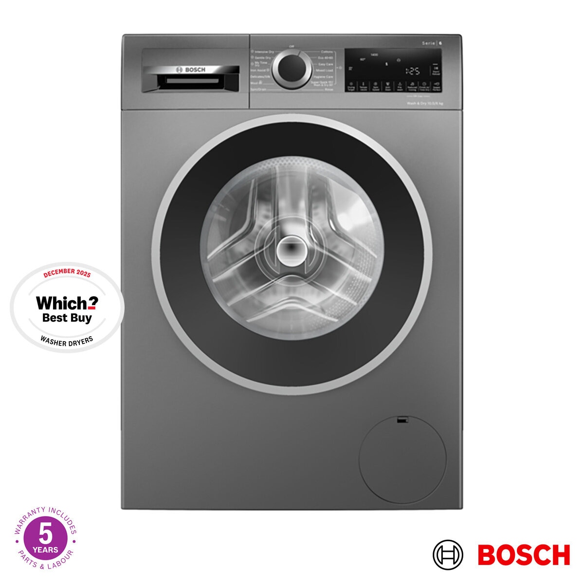 Bosch WNG254R1GB Series 6 Washer Dryer, 10.5/6kg Capacity, D Rated in Graphite