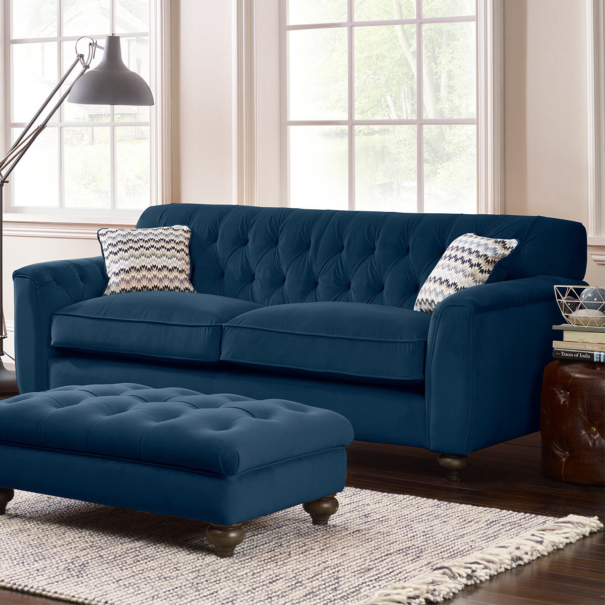 Avante Button Back 4 Seater Velvet Sofa with 2 Accent Pillows, Indigo