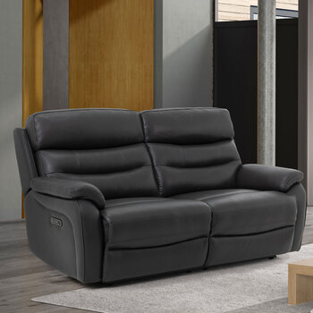 Fletcher Dark Grey Leather Power Reclining Large 2 Seater Sofa with Power Headrest