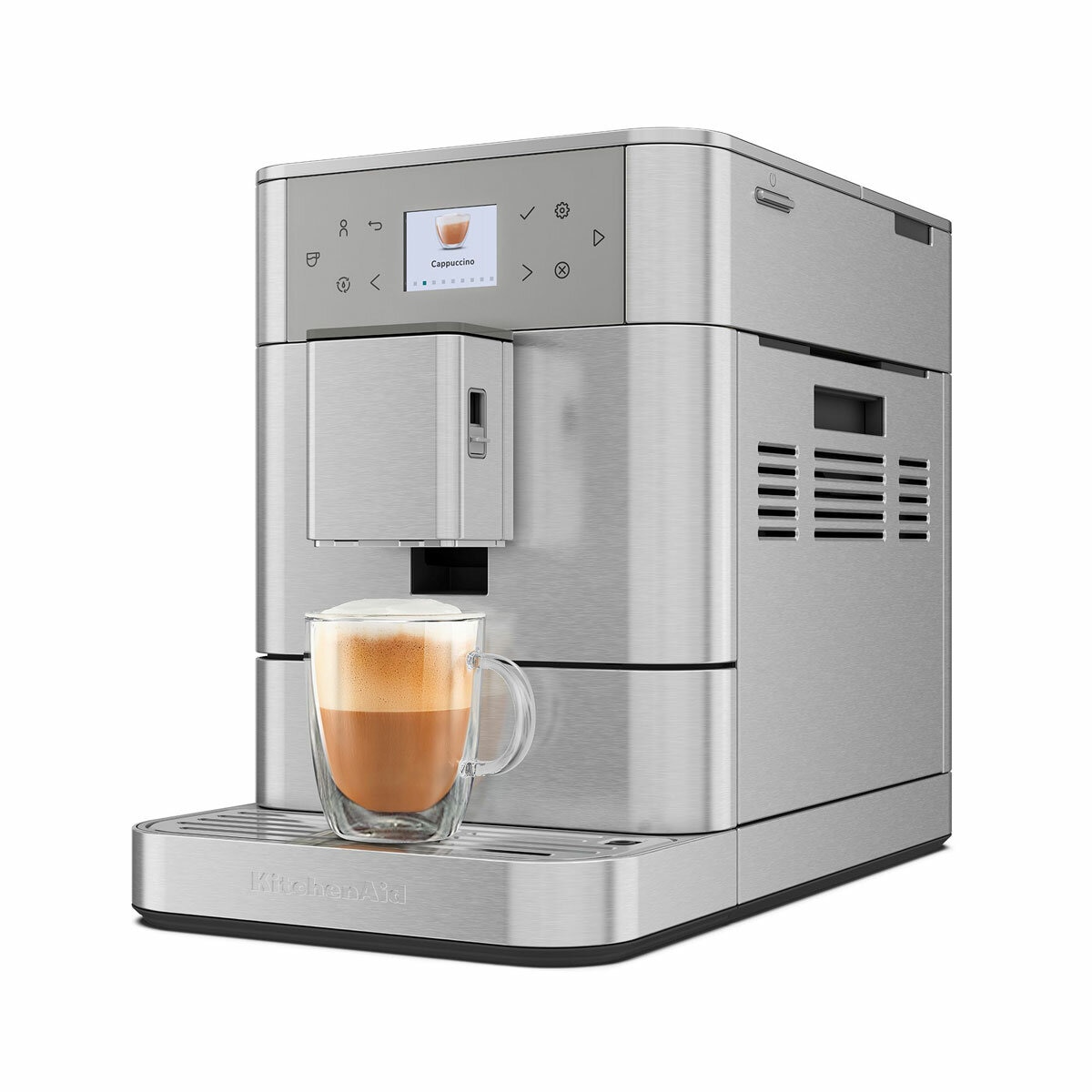 Slanted image of coffee machine making cappucino