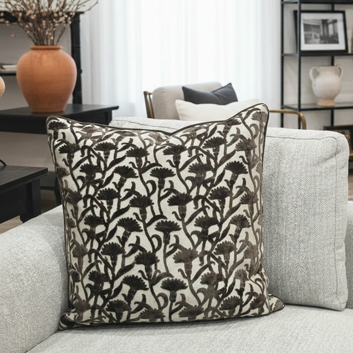 Malini Cassia Brown Velvet Feather Fill Cushion, 50 x 50 cm