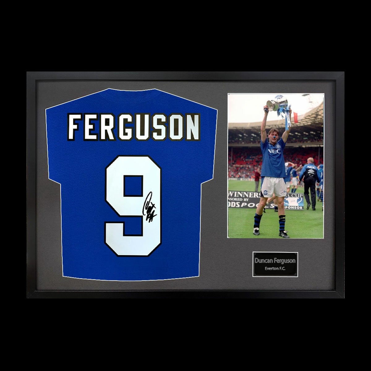 Duncan Ferguson Signed Framed Everton Football Shirt including 1 Photo in 2 Options: White or Black