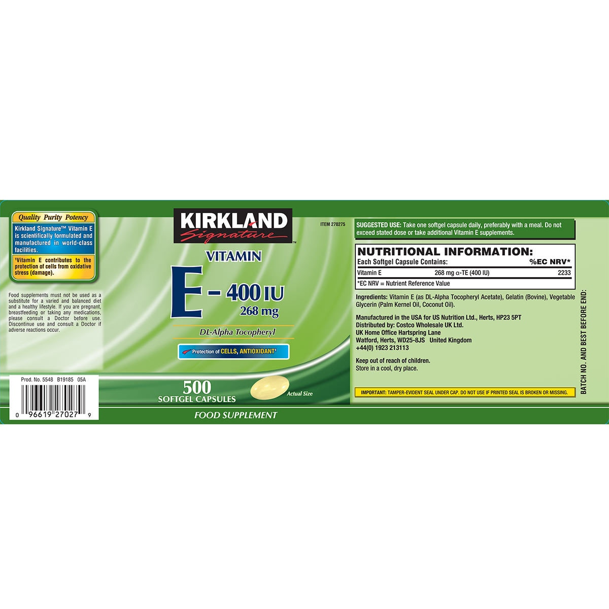 Kirkland Signature Vitamin E 268mg, 500 Softgel Capsules