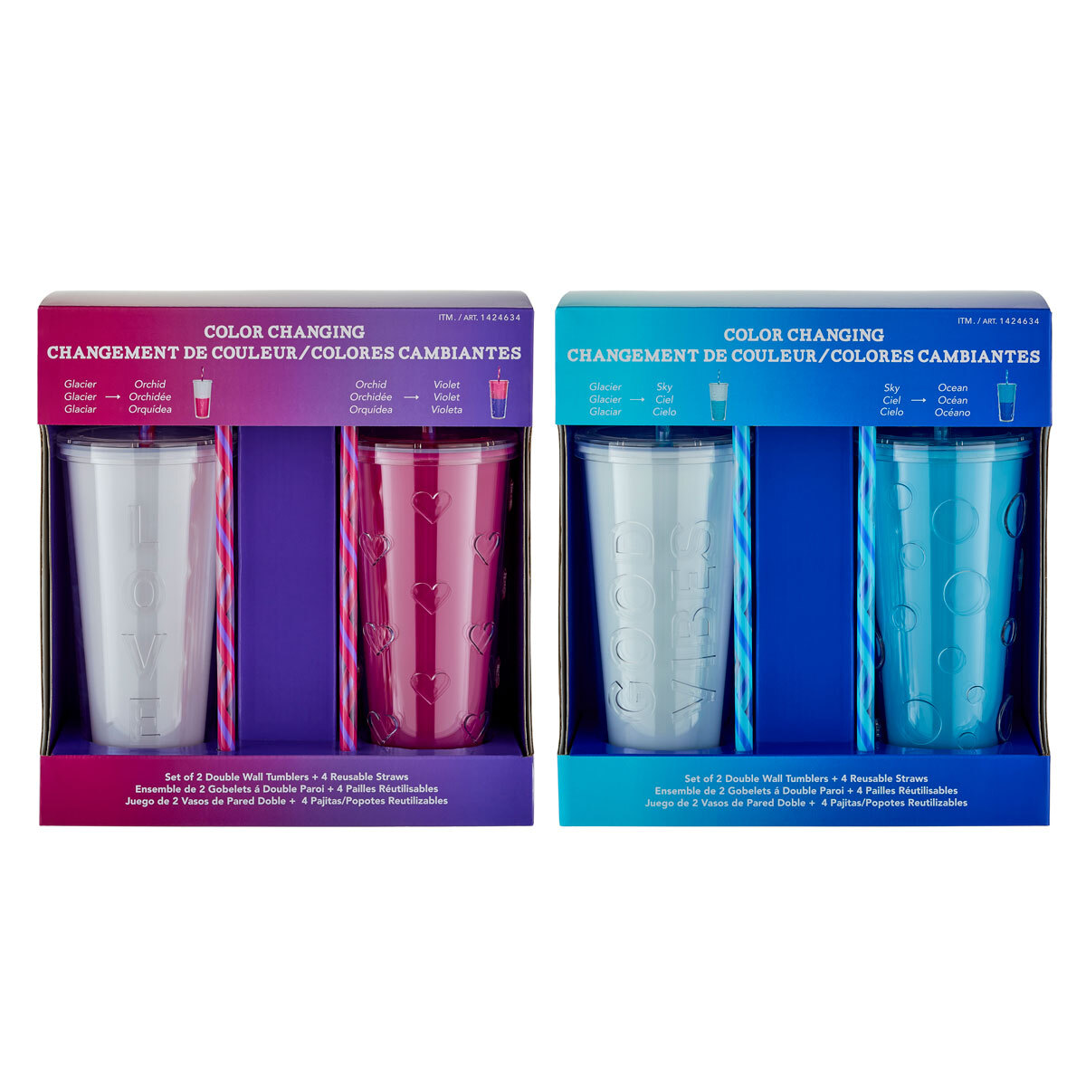 Colour Changing Double Wall Insulated 2 Pack Tumblers with 4 Straws in 2 Colours