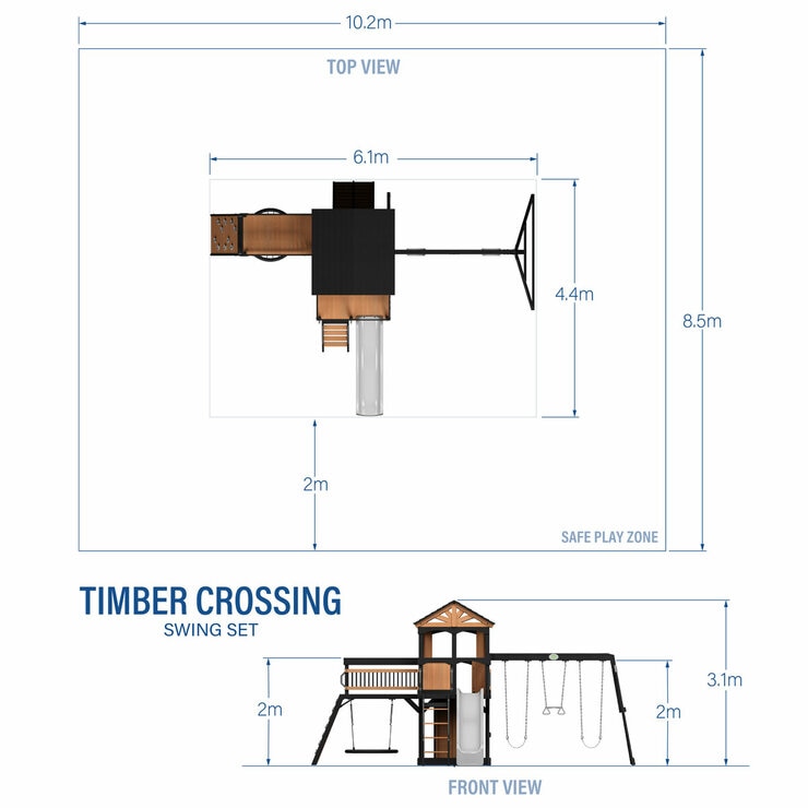 Image showing the dimensions of the Backyard Discovery Timber Crossing Wooden Playcentre and Swing Set