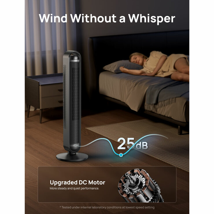 Lifestyle image of Dreo Cruiser Tower Fan with 25dB noise level