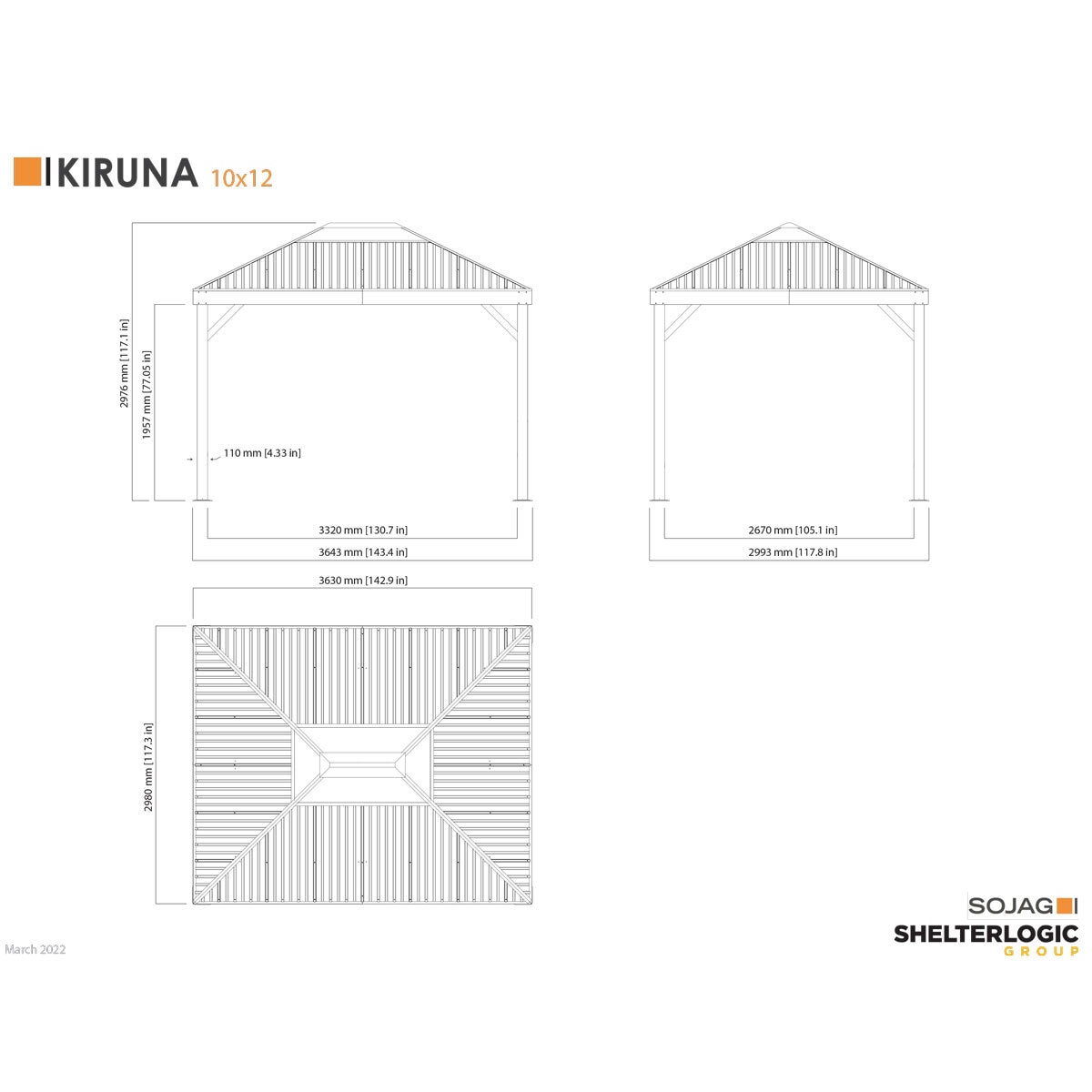 Sojag Kiruna 10ft x 12ft (3 x 3.64m) Aluminium Frame Sun Shelter with Galvanised Steel Roof + Insect Netting