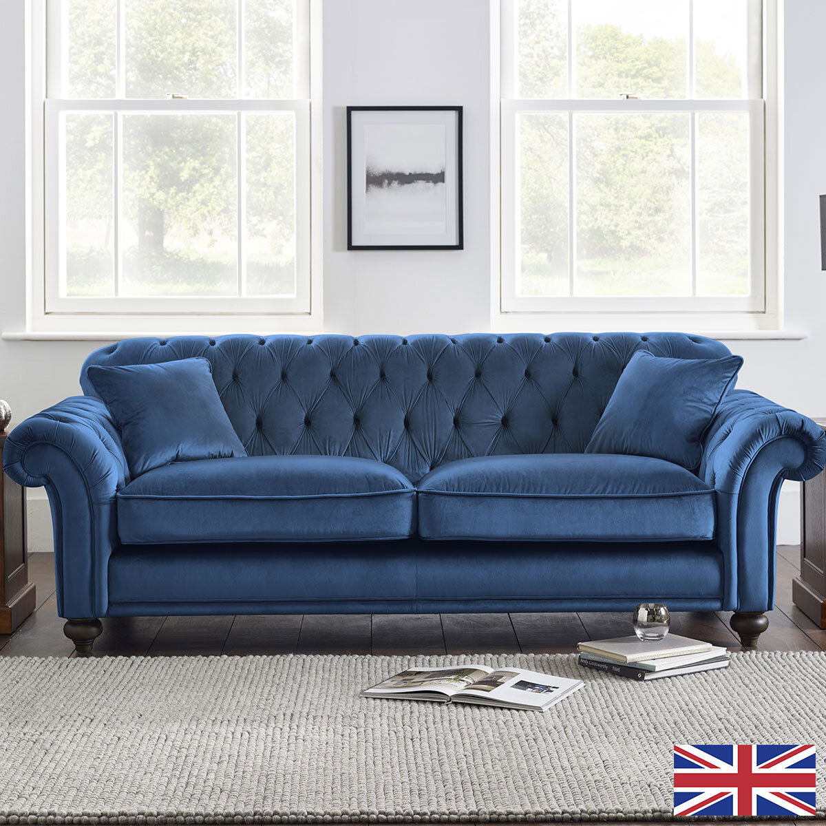 Bordeaux Button Back Blue Velvet 4 Seater Sofa