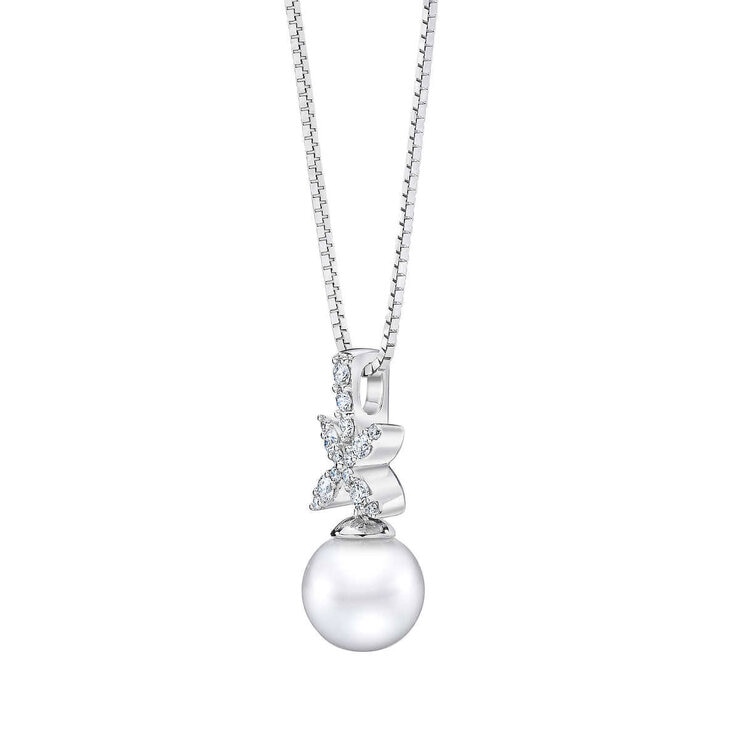 9-10mm Cultured Freshwater White Pearl & 0.22ctw Diamond Necklace, 14ct White Gold 9-10mm Cultured Freshwater White Pearl & 0.22ctw Diamond Necklace, 14ct White Gold
