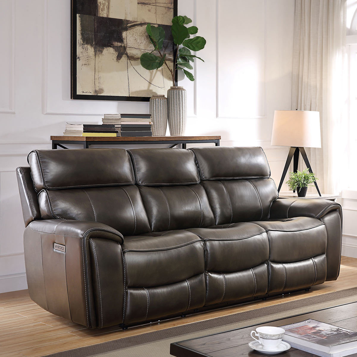 Manwah Keegan 3 Seater Brown Leather Power Recliner Sofa Costco UK