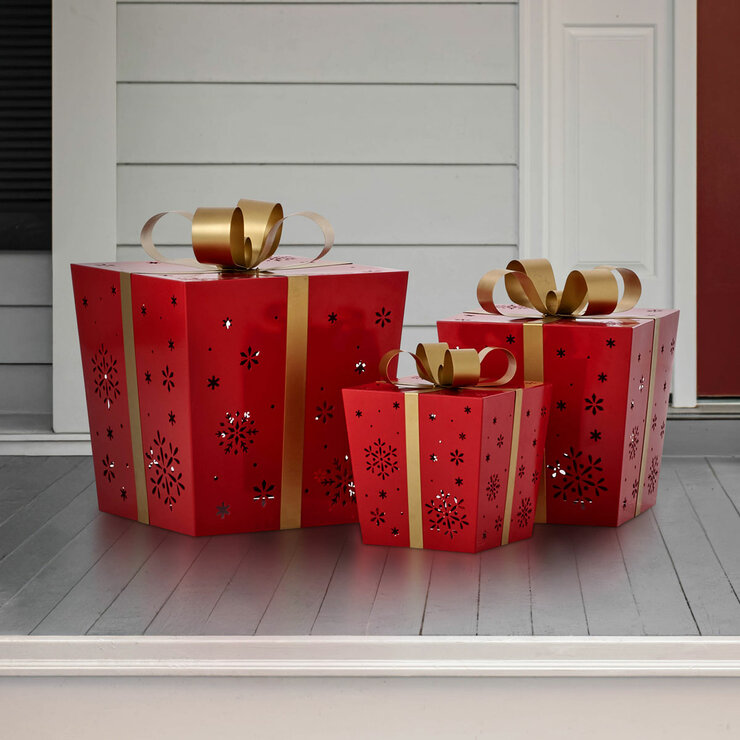 Red Metal Gift Boxes with LED Snowflake Pattern – Set of 3