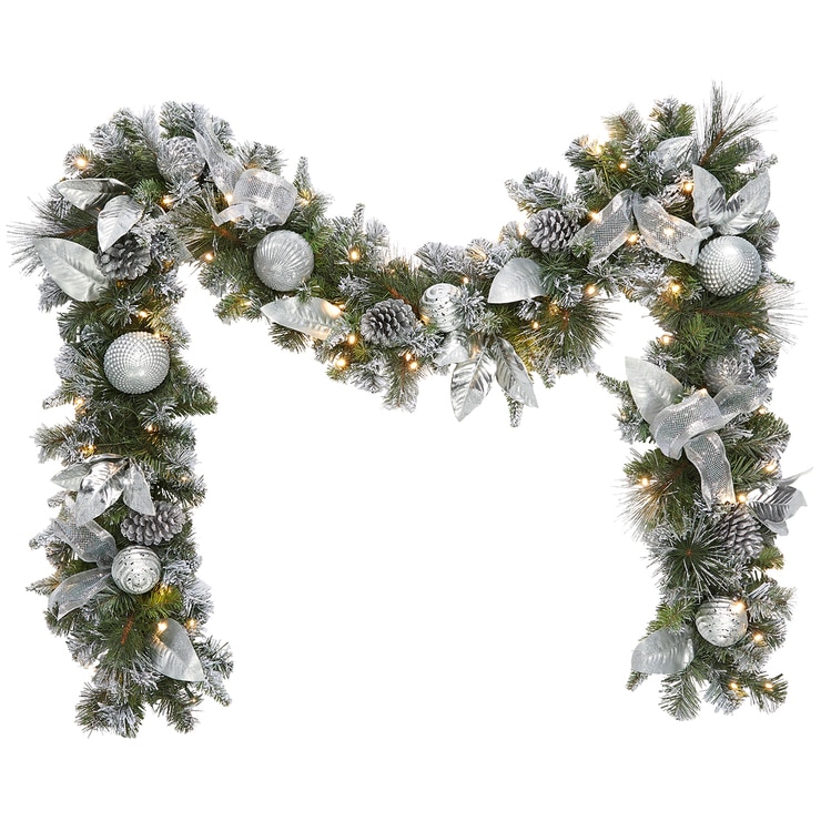 9ft (274.3 cm) PreLit Garland With Plug In Lights in Silver Costco UK