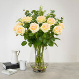 Artificial Pink Roses and Mixed Foliage in Glass Vase