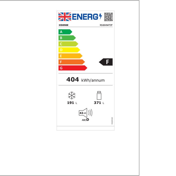 Hisense RS694N4TZF, Side by Side Fridge Freezer F Rated in Stainless