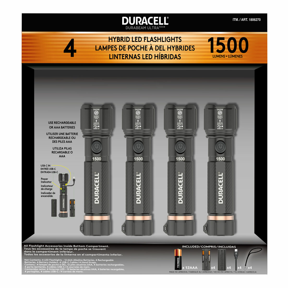 Duracell 1500 Lumen Dual Power Flashlight, 4 pack