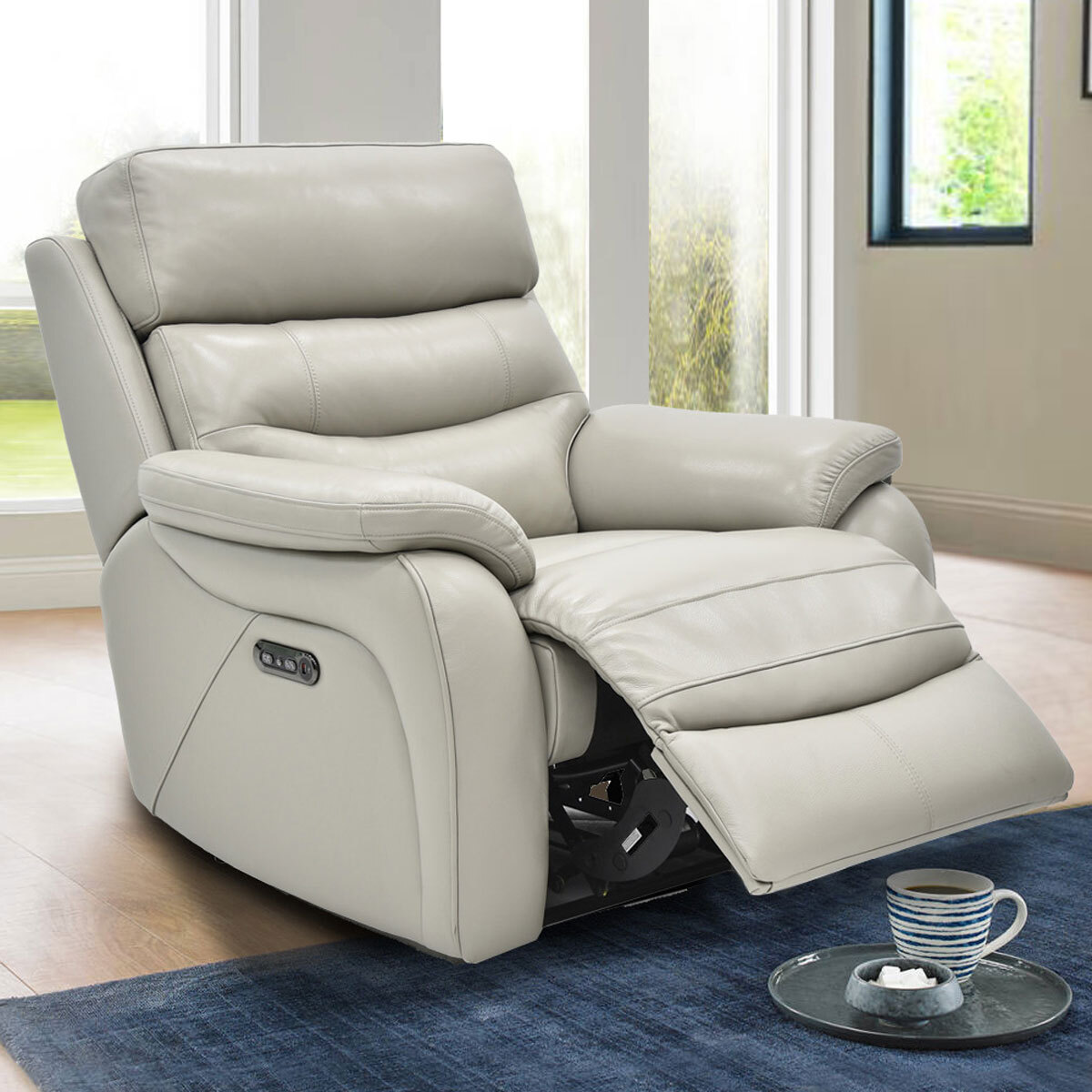 Fletcher Light Grey Leather Power Recliner Armchair with