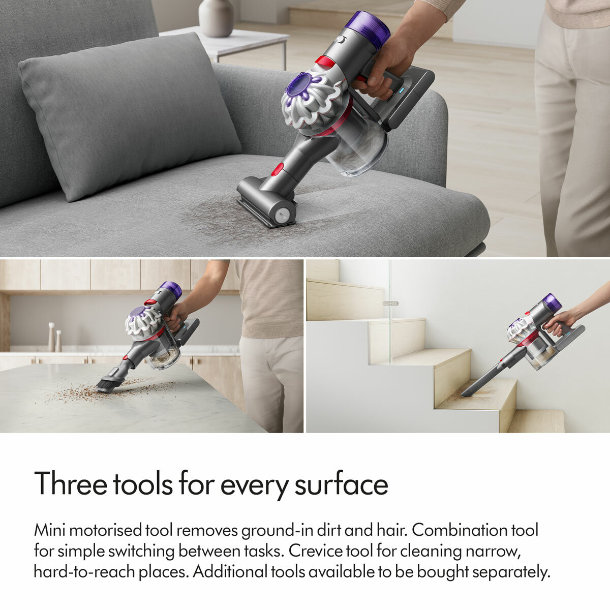 Lifestyle image of Dyson Car+Boat Handheld Vacuum showing being used on multiple surfaces at home