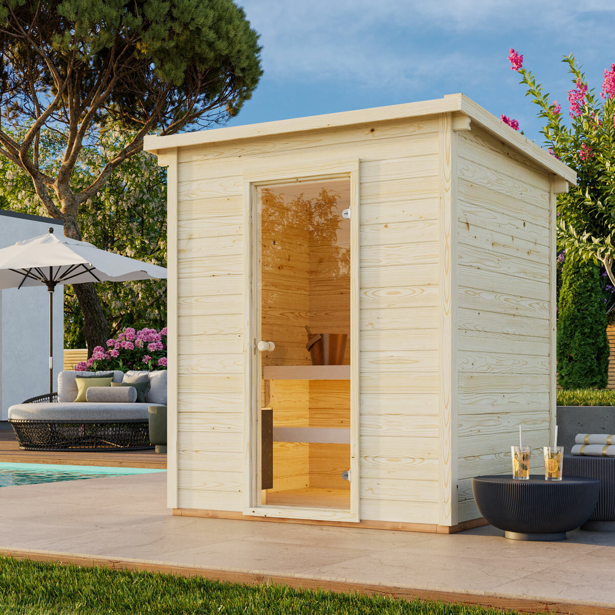 Eir (2,6m2 | 2,2x1,8m |44mm) Compact Garden Sauna Set Eir (2,6m2 | 2,2x1,8m |44mm) Compact Garden Sauna Set