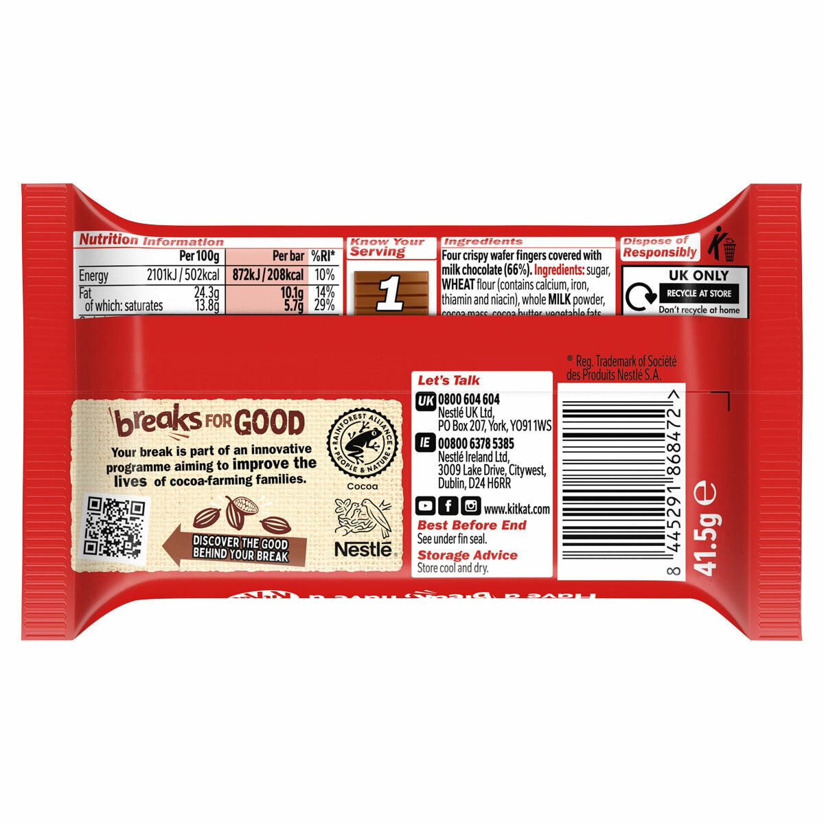 Kit Kat 4 Finger Milk Chocolate Bar Back of Pack