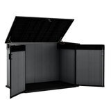 Front facing image of storage shed (open)