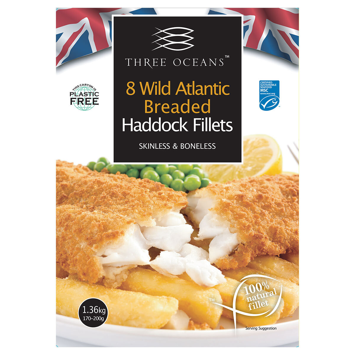 artwork for front box of 3 Oceans Breaded Haddock