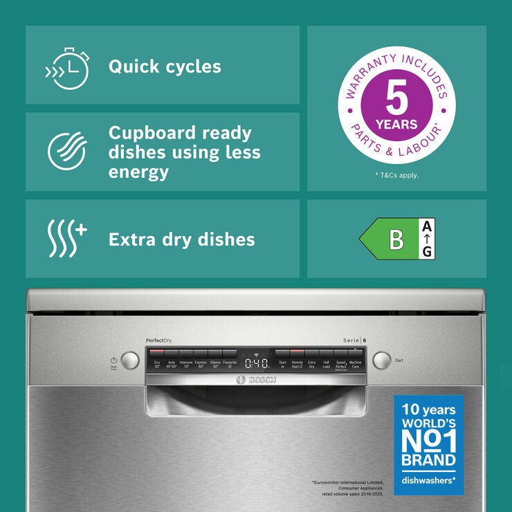 Bosch Series 6 SMS6ZCI10G, 14 Place Setting, Freestanding Dishwasher, B Rated in Silver