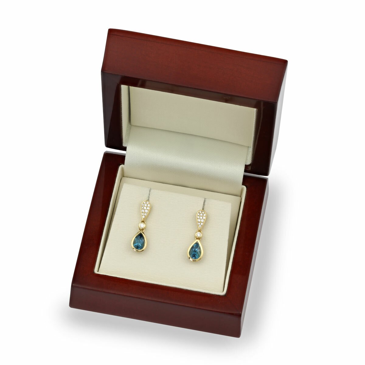 Pear Cut Blue Topaz & 0.13ctw Diamond Earrings, 18ct Yellow Gold