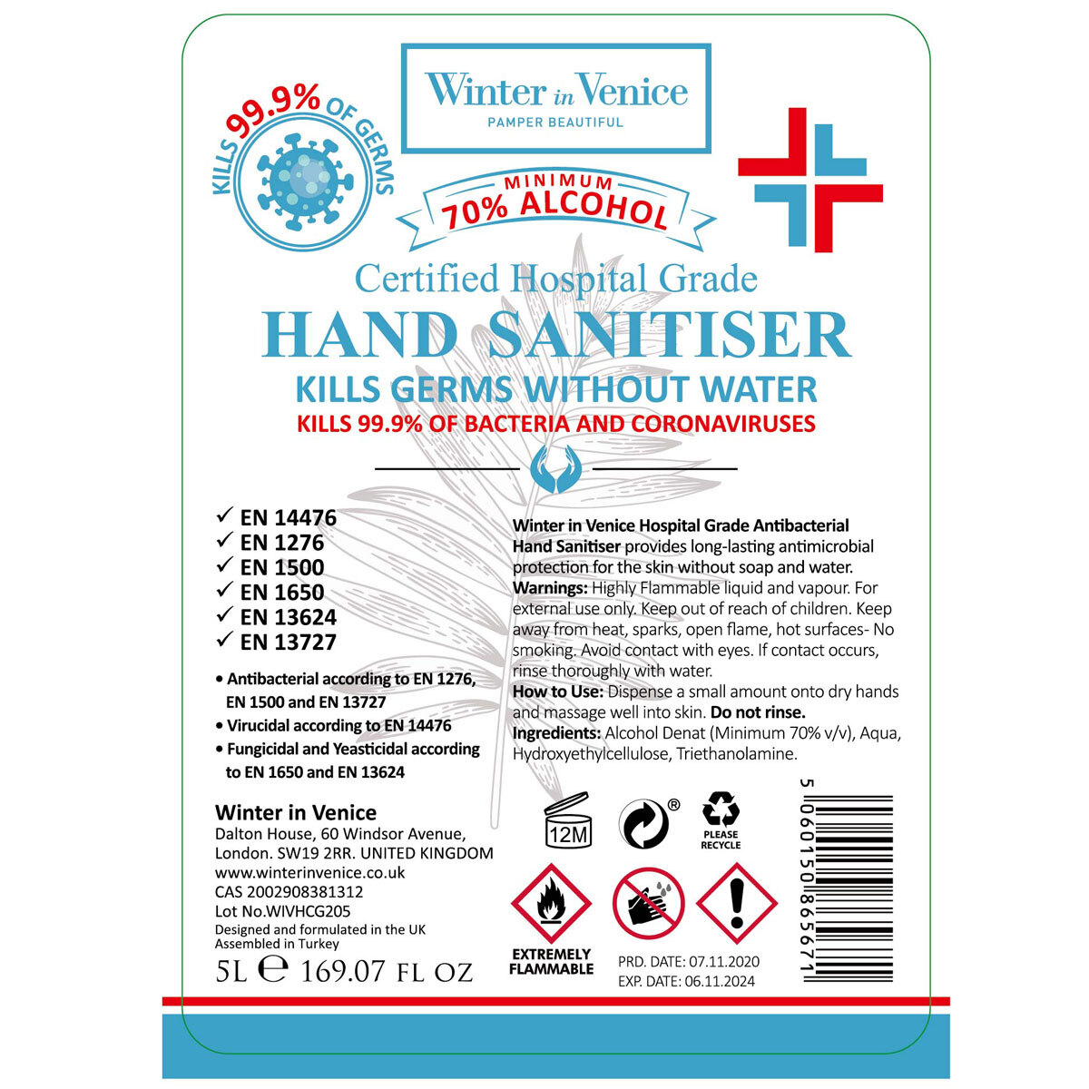 Winter in Venice Antibacterial Hand Cleansing Gel, 5L (70% Alcohol)