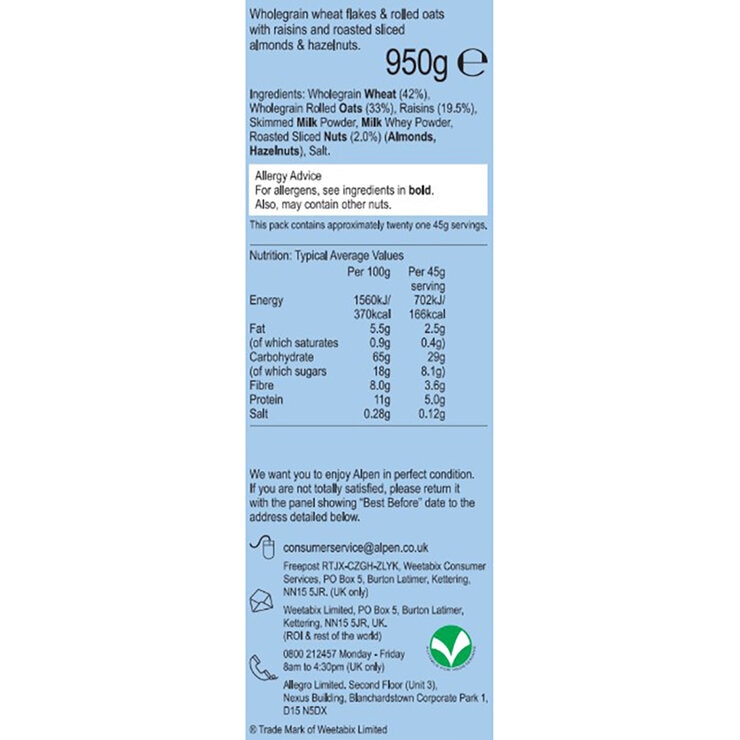 Alpen No Added Sugar Muesli, 2 x 950g