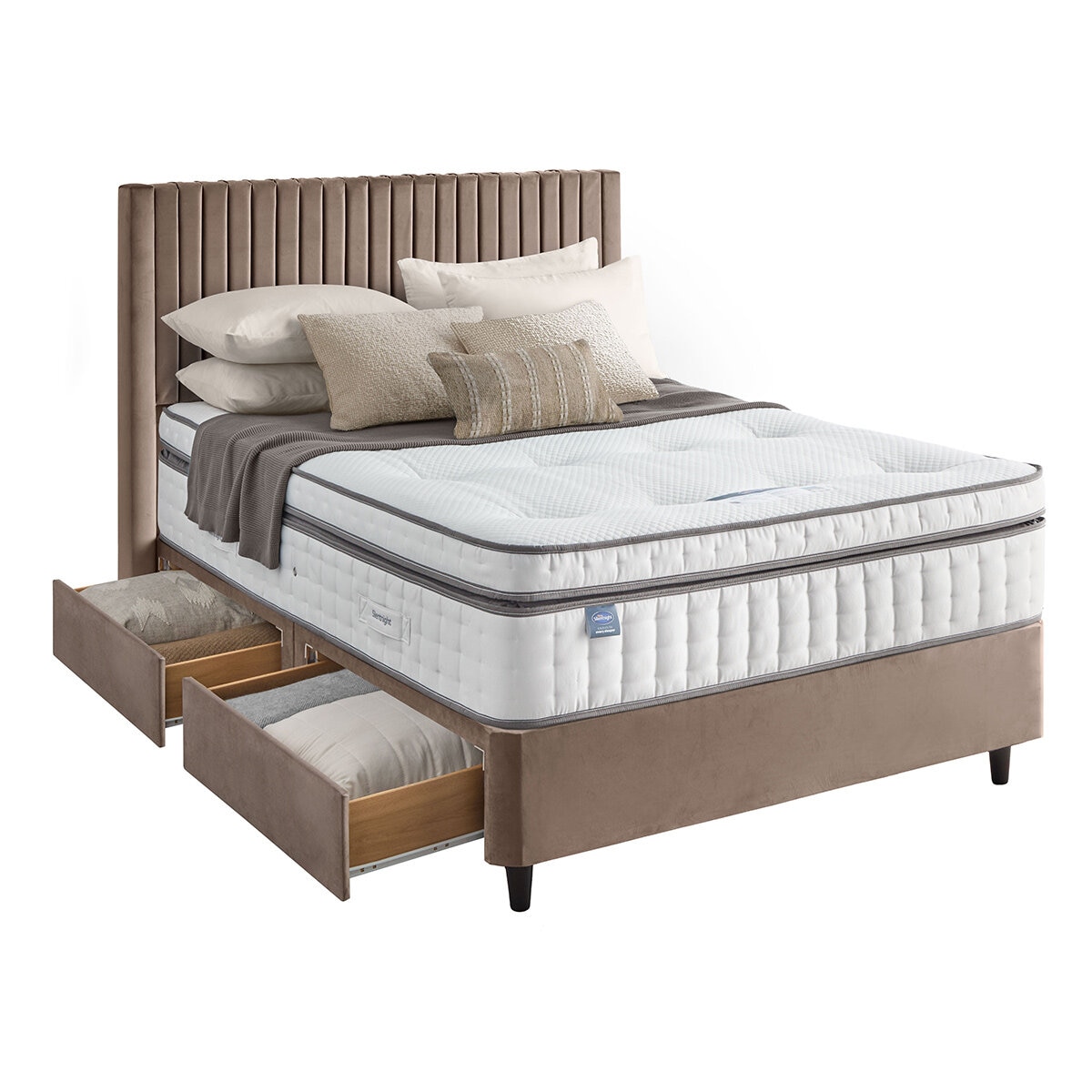 Silentnight Velvet 4 Drawer Divan Base with Slumber Headboard in Mink & 3 Sizes