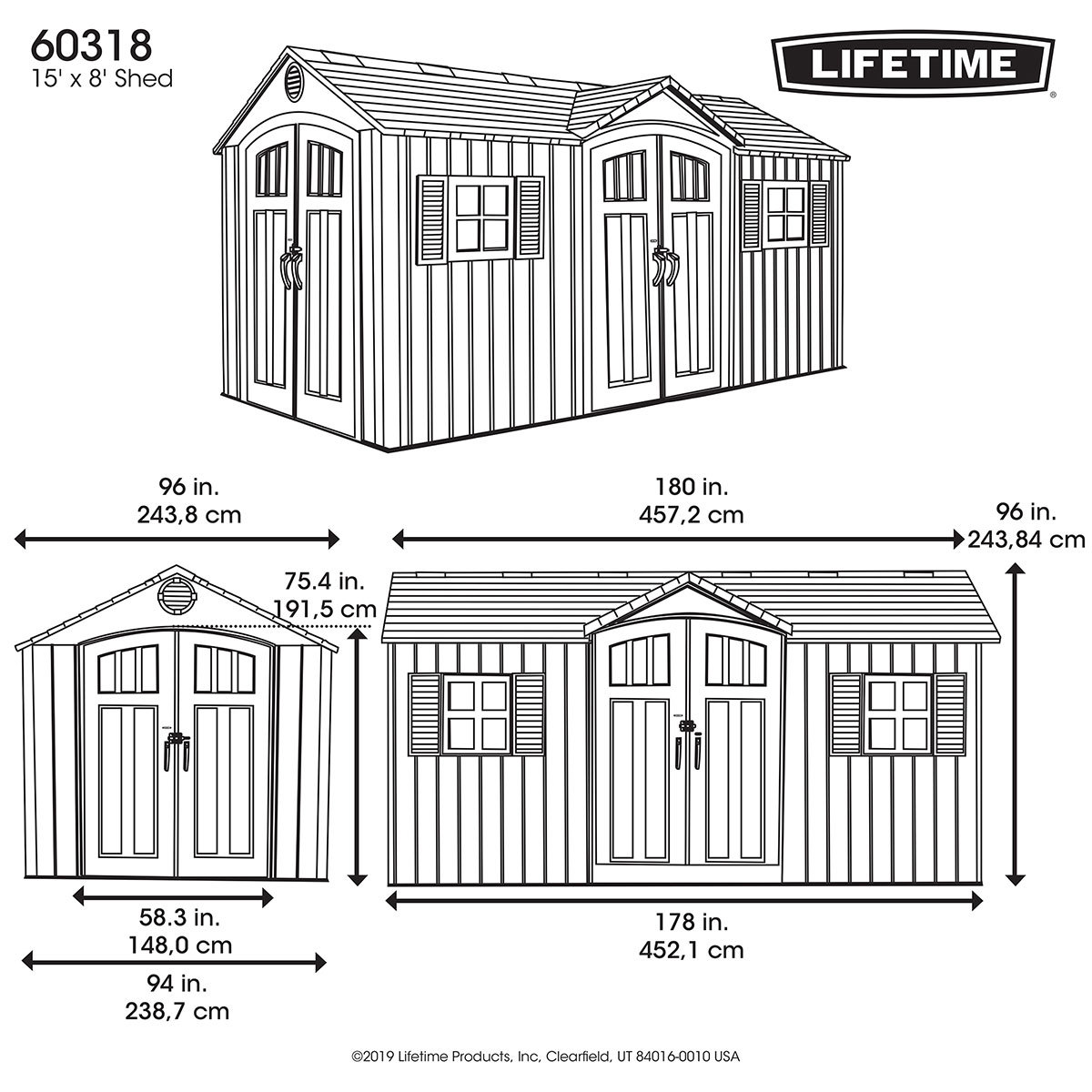 Exterior dimensions of Lifetime 15ft x 8ft storage shed