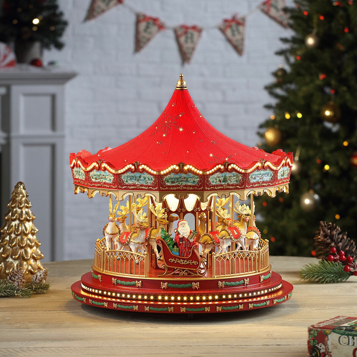 17 Inch Nostalgic Deluxe Glass Embellished Carousel in Red 17 Inch Nostalgic Deluxe Glass Embellished Carousel in Red