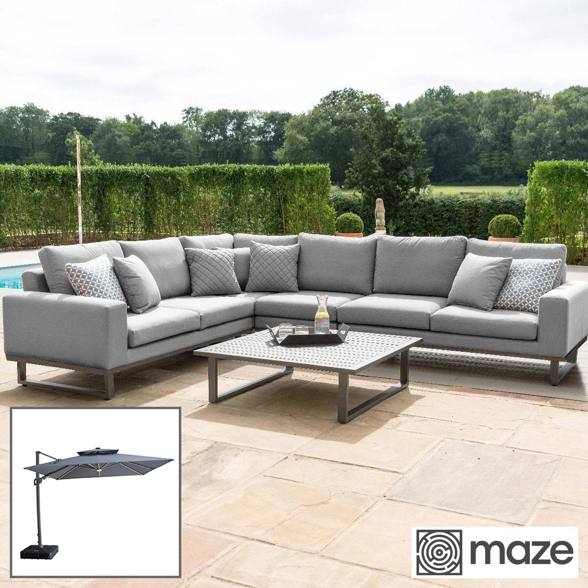 Maze Ethos Large Corner Patio Set + 10ft x 10ft Solar LED Cantilever Umbrella with Base