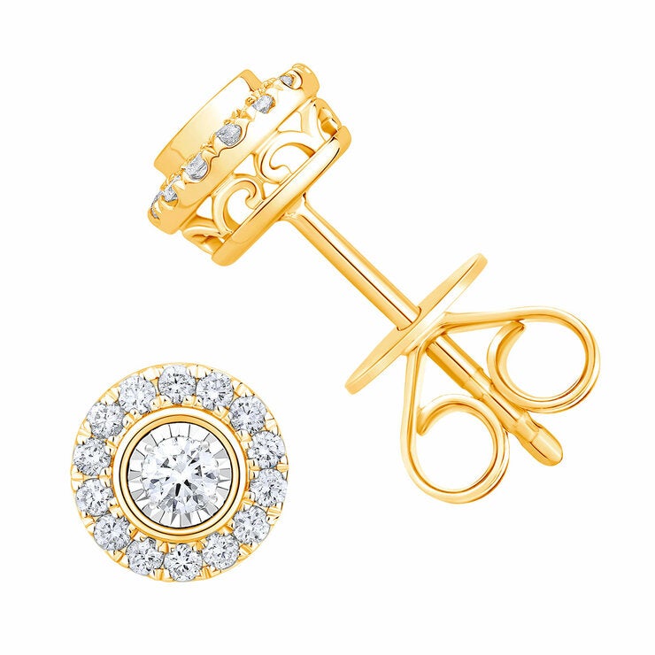 0.22ctw Round Brilliant Cut Diamond Halo Earrings, 14ct Yellow Gold 0.22ctw Round Brilliant Cut Diamond Halo Earrings, 14ct Yellow Gold