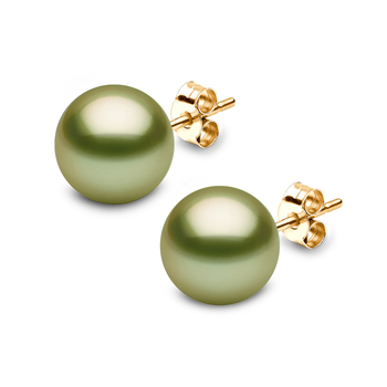 10-11mm Treated Tahitian Pistachio Green Pearl Stud Earrings, 18ct Yellow Gold