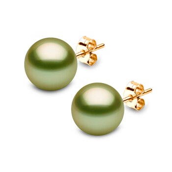 10-11mm Treated Tahitian Pistachio Green Pearl Stud Earrings, 18ct Yellow Gold