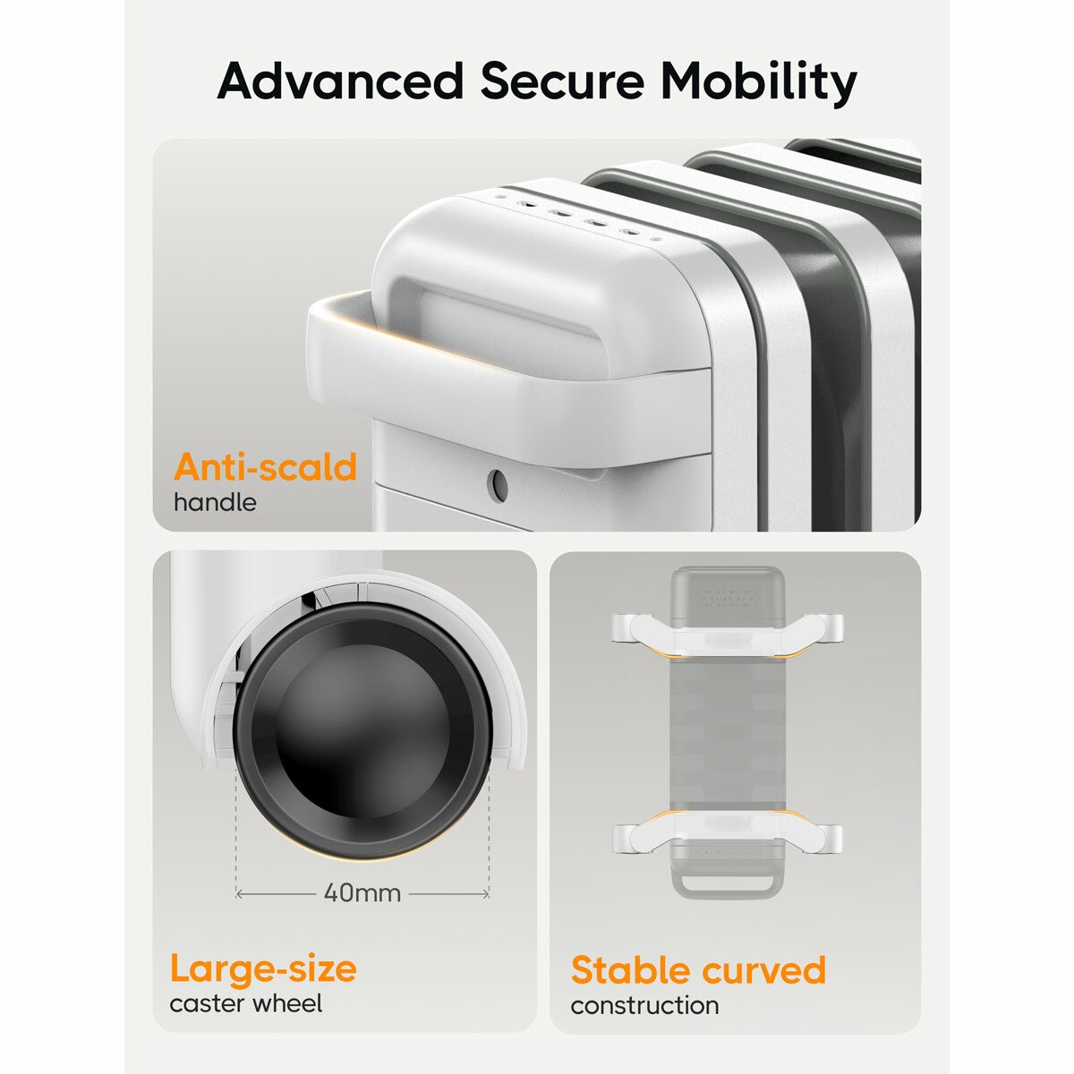 Lifestyle image of Dreo oil heater showing advanced secure mobility